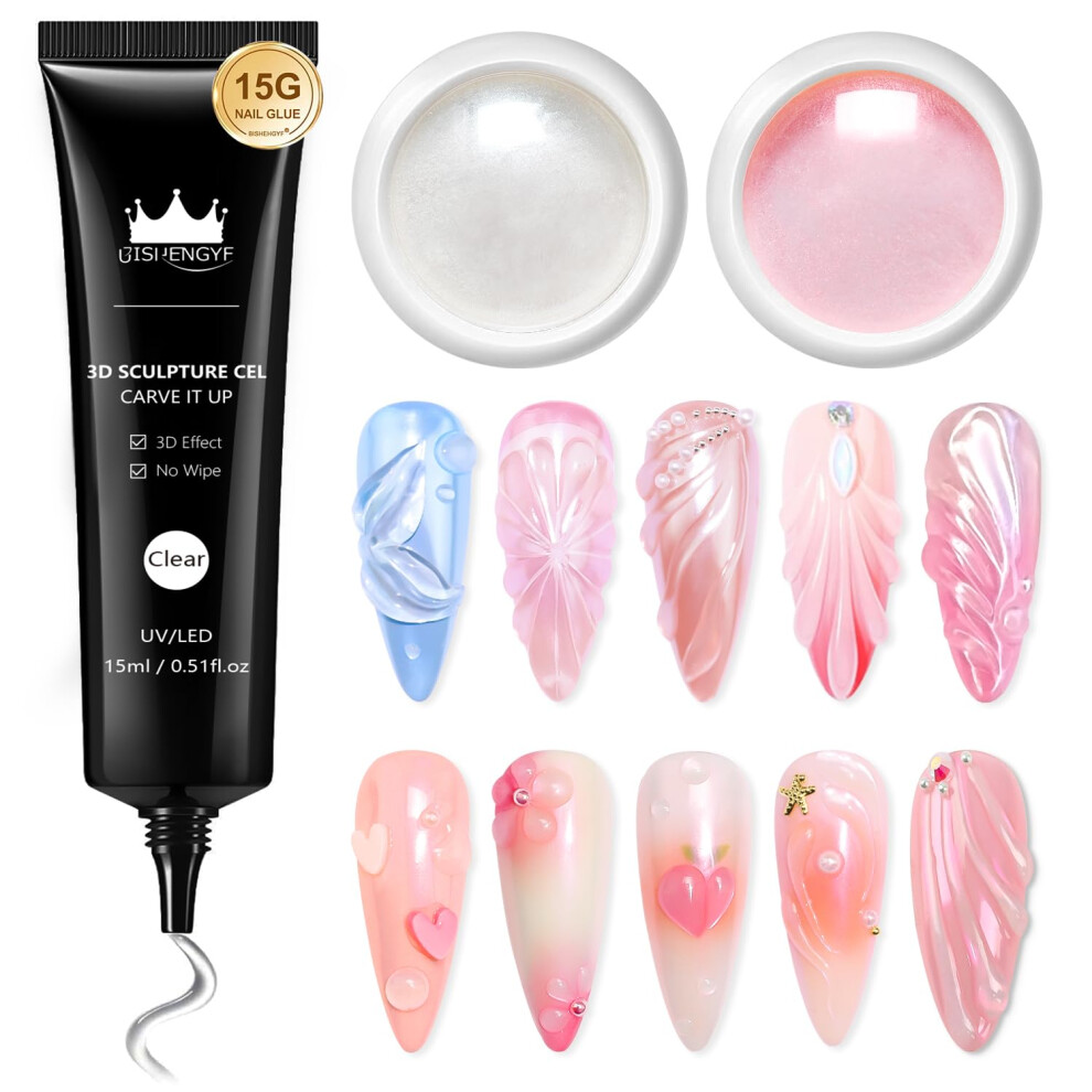 Bishengyf Chrome Nail Powder With 3D Nail Gel Kitï¼15G No Wipe Clear 3D Sculpting Nail Gel,Moonlight Effect Glazed Donut Pearl Chrome Nail Powder For