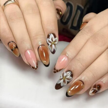 24pcs Medium Almond False Nails Dark Brown Ombre Press on Nails French Tip Stick on Nail with 3D Flower Design Removable Glue on Acrylic Fake Nail