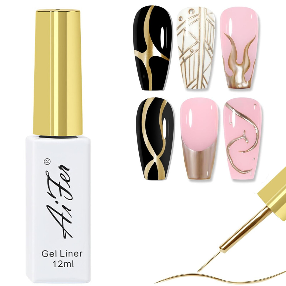 Eonfave Gold Liner Gel Nail Polish - Metallic Gel Liner Nail Art - 3D Effect 12Ml Build In Thin Brush Metal Painting Drawing Striper