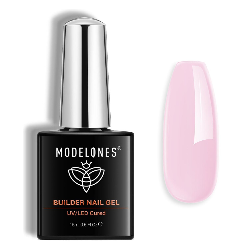 Modelones Pink Builder Nail Gel, Baby Builder For Nails, Hard Gel Nail Strengthener Extension Rhinestone False Nail Tips Glue Gel In A Bottle 15Ml