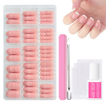 240PCS French Tip False Nails, Press On Nails Kit with 15 Sizes, Short Square Stick On Nails, Nude Pink White Full Cover False Nails for Office