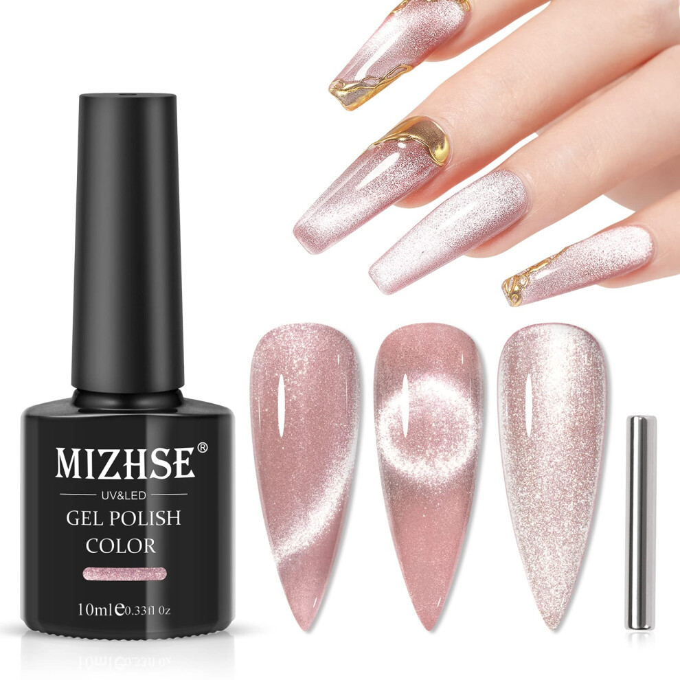 Mizhse Pink Cat Eye Gel Nail Polish - Cats Eye Nails, Magnetic Cateye Gel Polish With Magnet, Cat Eyes Nails Art,