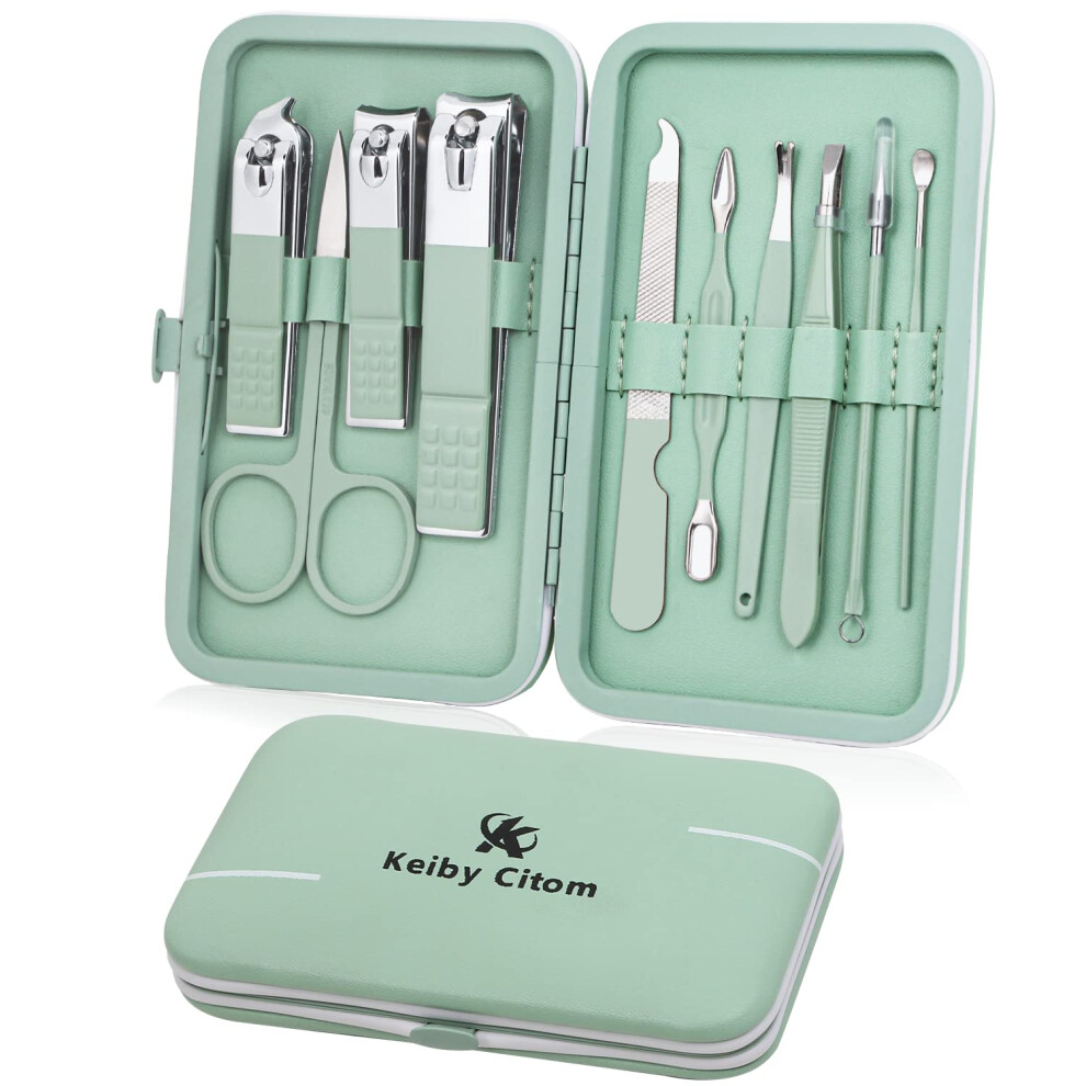 Keiby Citom Manicure Set 10Pcs Professional Nail Clippers Kit Pedicure Care Tools-Stainless Steel Grooming Tools For Travel (Green)