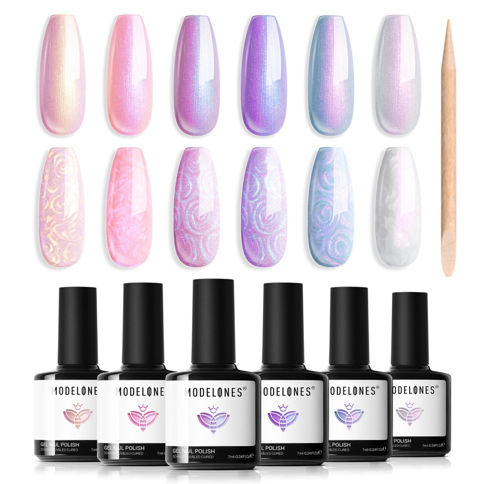 Modelones Pink/Purple/White Pearl Gel Nail Polish, 6 Colors Shimmer Pearl Mermaid Nail Drawing Gel Polish Soak Off Uv Gel Polish Swirl Shell Thread