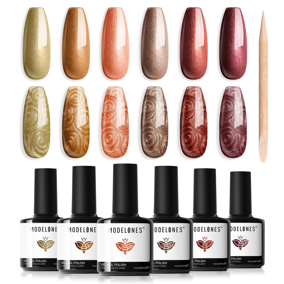 Modelones Brown/Orange Pearl Gel Nail Polish, 6 Colors Autumn Gel Polish Soak Off Mermaid Nail Drawing Gel Polish Swirl Shell Thread Effect Diy