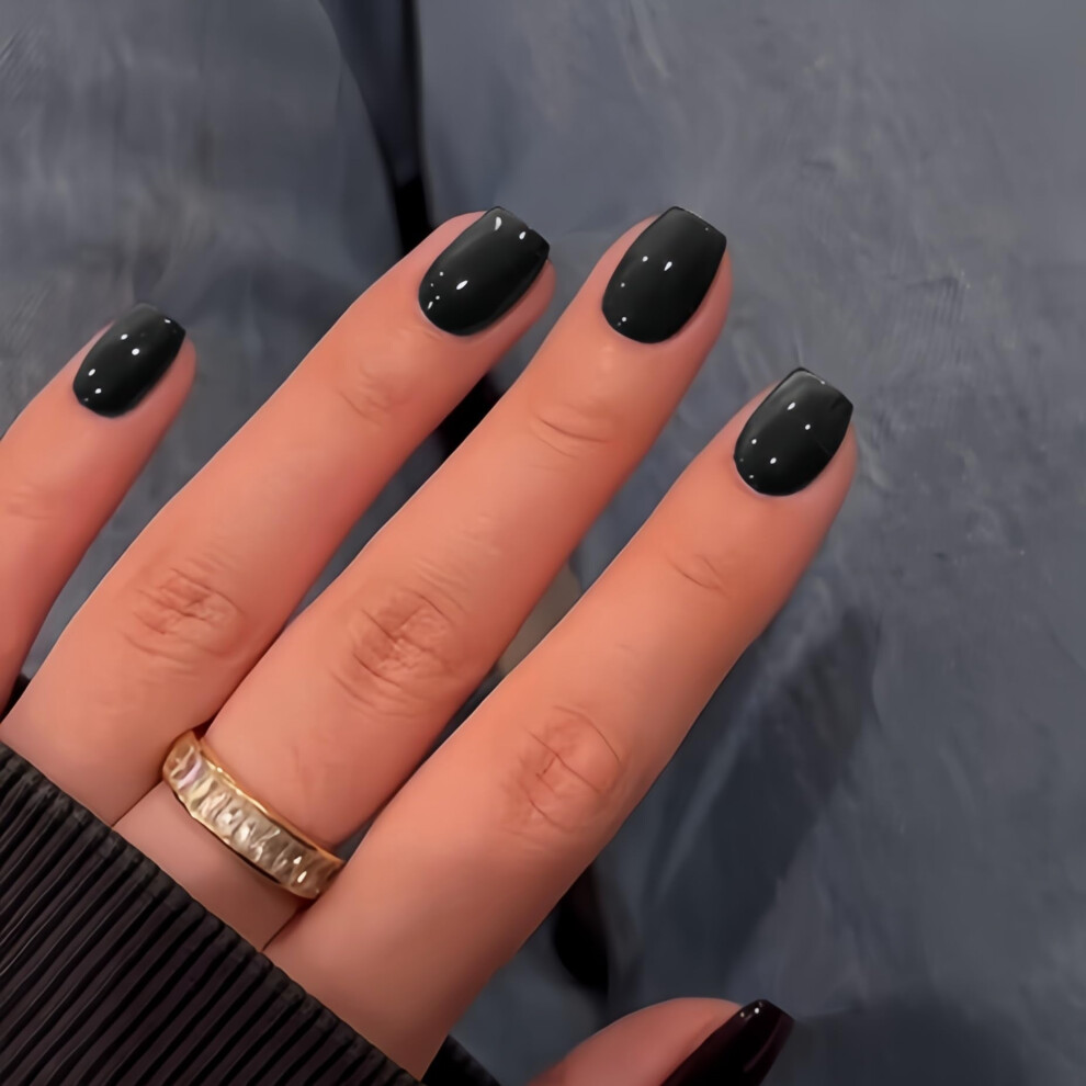 Kqueenest Cat Eye Press On Nails Short - Chrome False Nails Short Square, Opaque Black Fake Nails With A Glitter Finish