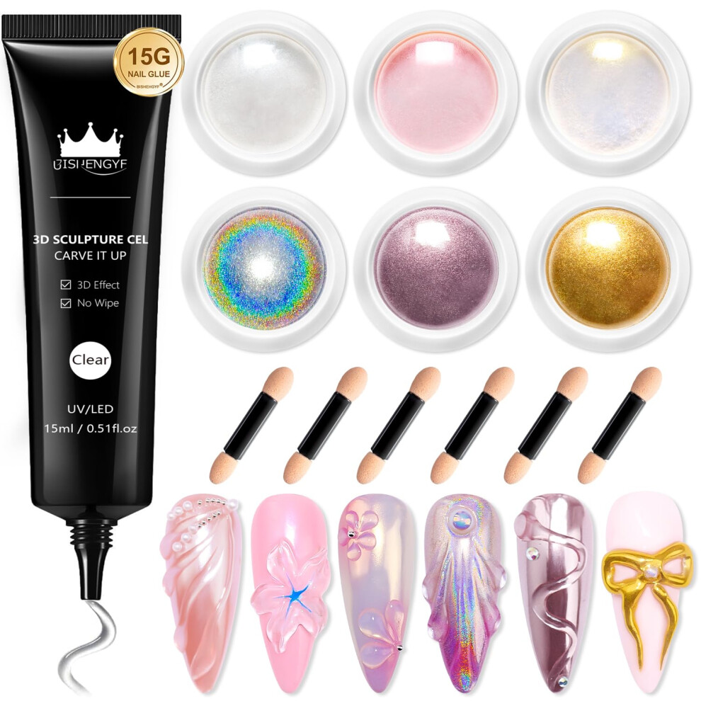 Bishengyf Pink/Gold 3D Nail Gel And Chrome Nail Powder Kit: 15 G Strong 3D Sculpting Nail Gel, Moonlight Glazed Chrome Nail Powder For 5D Molding Nail