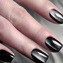 Ceboic 24Pcs Black Cat Eye Press on Nails, French Short Square False Nails, Solid Color Acrylic Glossy Full Cover Fake Nail