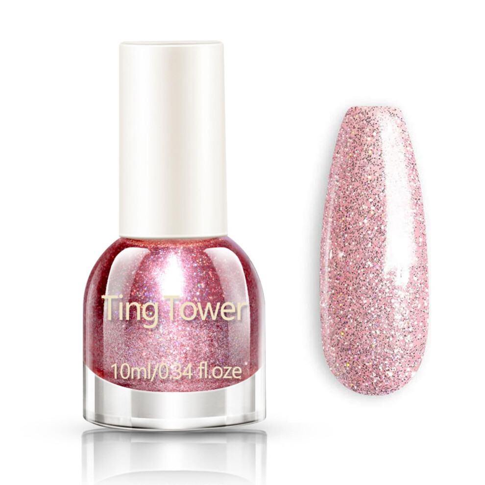 Eonfave Pink Glitter Nail Polish - Shimmering Sparkly Nail Varnish - Quick Dry Bright Nail Polish