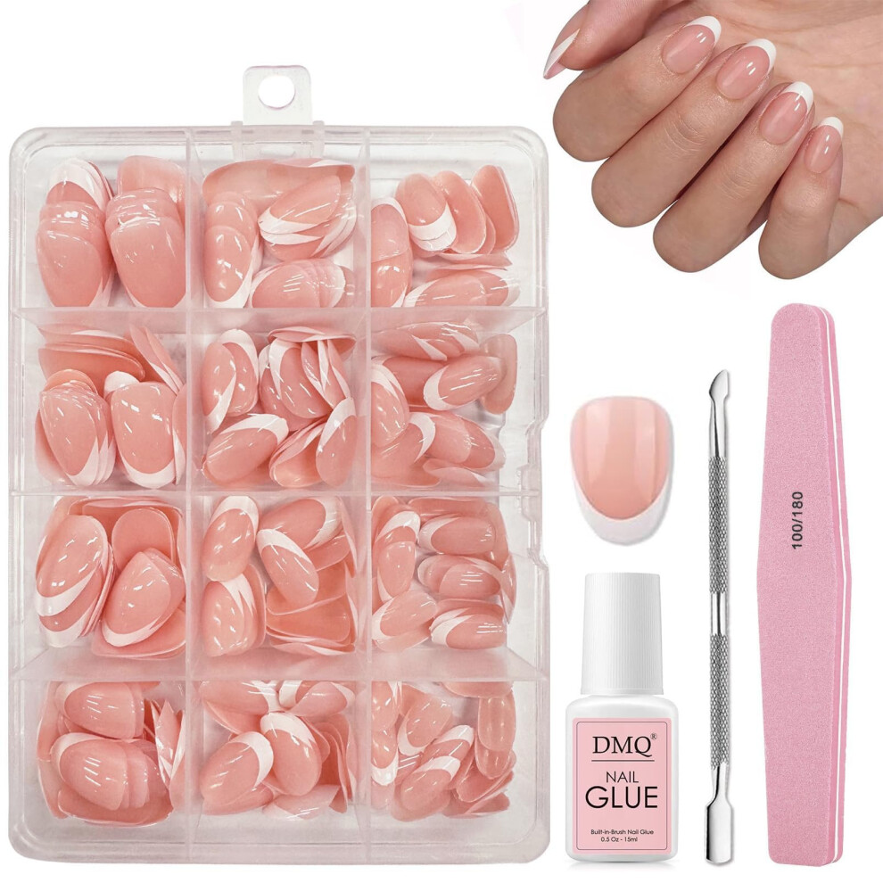 Dmq French Press On Nails Almond, 240Pcs French Tip False Nails Short, Nude Color Stick On Nails With Glue