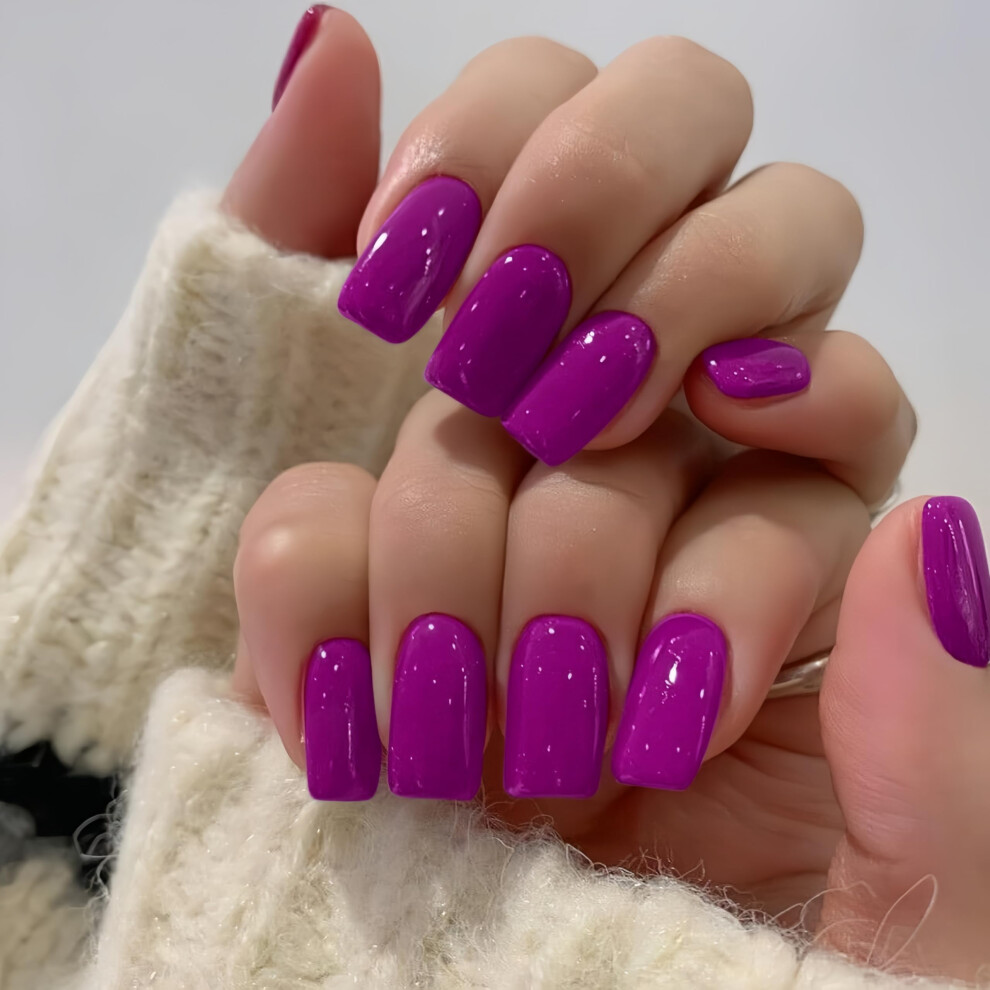 Sxvme Berry Purple False Nails Short Medium Square, Gel Press On Nails Coffin Medium Glossy Fake Nails Set Solid Color Acrylic Nail Natural Fit