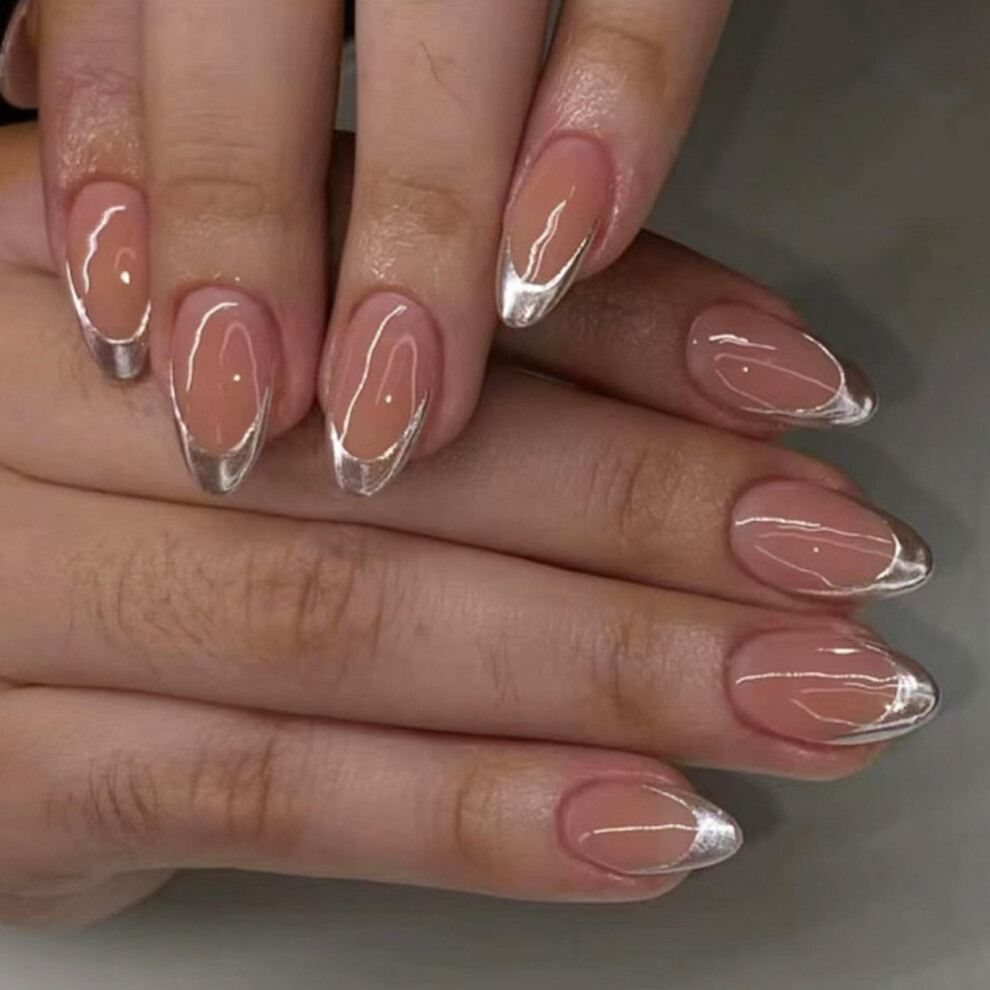 Ceboic 24 Pcs French False Nails, Short Almond Glossy Silver Fake Nails With Glue Stickers