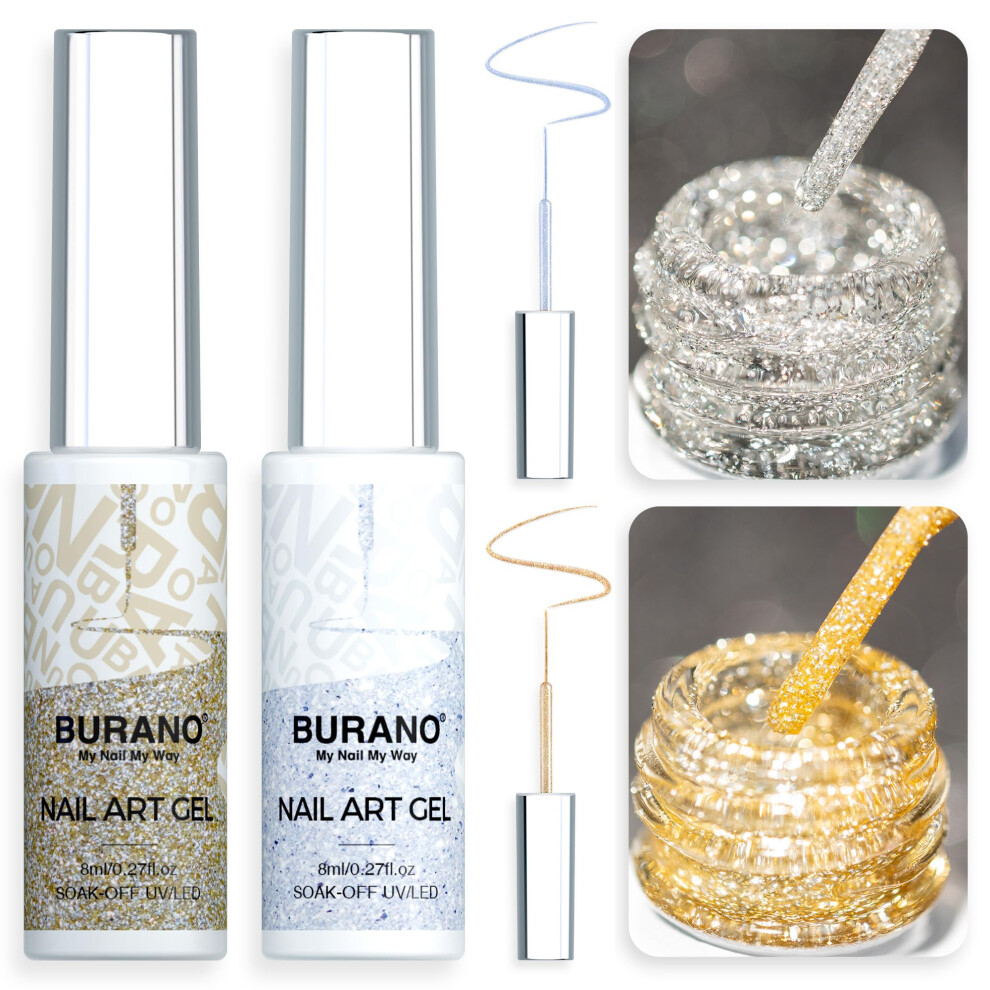 Burano Silver,Gold Holographic Gel Nail Polish Liner Art Set - Silver Gold Reflective Glitter Design Polish, 2 Bottles 8Ml With Built-In Thin Brush