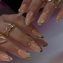 GlamRays Pack of 24 French Tip Press On Nails Medium Almond False Nails with Pearls Jewel Design Gold French Line False Nails Full Size Glue Nail