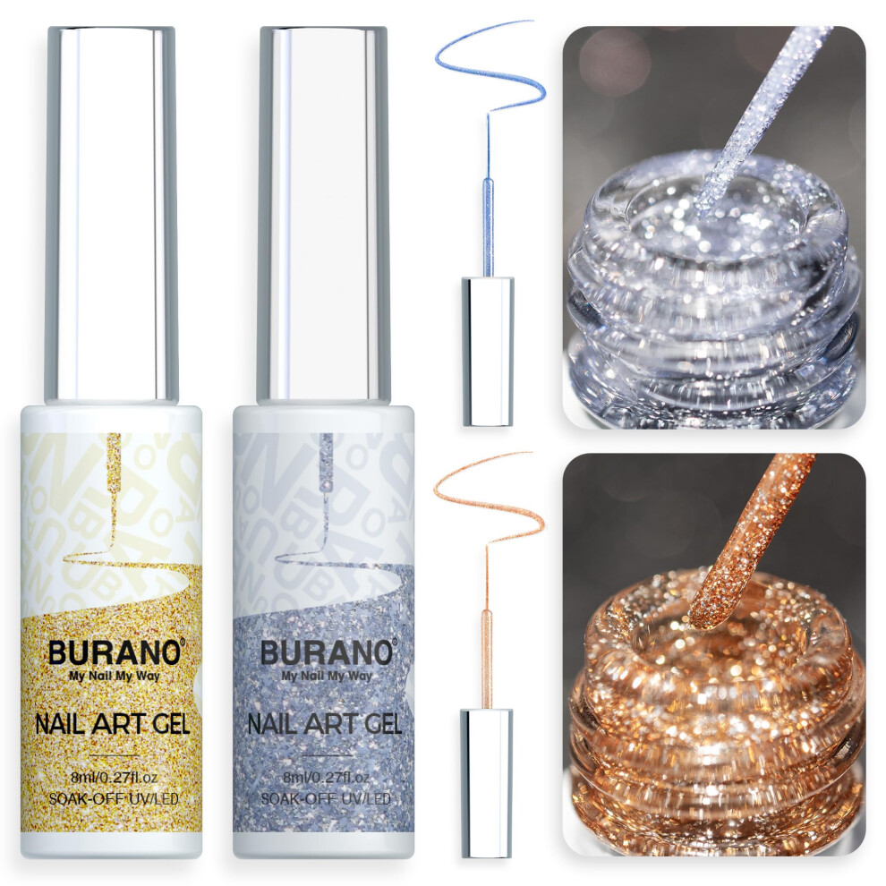 Burano Silver,Gold Gel Nail Polish Liner Art Set - Silver Gold Painted Design Polish, 2 Bottles 8Ml, Built-In Thin Brush, Curing Required Lx27 Lx21