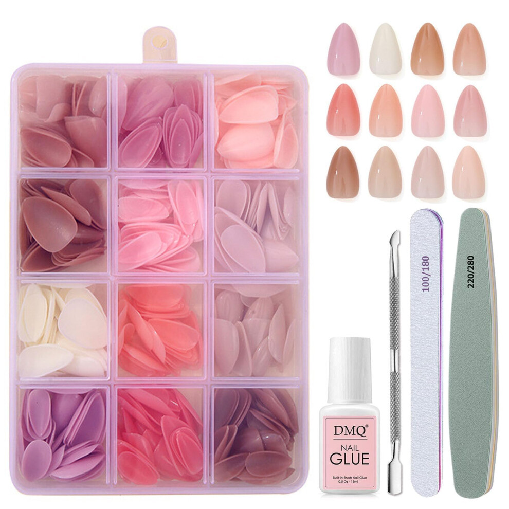 Dmq Pink Almond False Nails With Glue Set, 360Pcs French Nude Press On Nails Short - 12 Colors Glossy Fake Nails