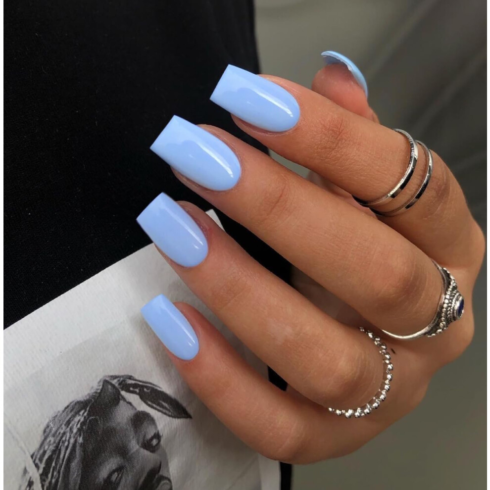 Sxvme Baby Blue False Nails Short Medium Square, Gel Press On Nails Coffin Medium Glossy Fake Nails Set Solid Color Acrylic Nail Natural Fit Reusable