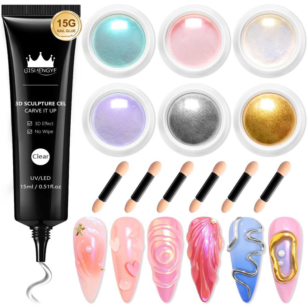Bishengyf Pink Multifunctional 3D Nail Gel:metallic Chrome Nail Powder And 15G Rhinestone No Wipe 3D Sculpting Nail Gel,6Pcs Chrome Nail Powder For