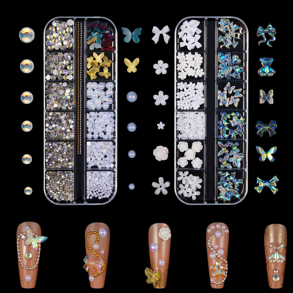 Otkarxus Nail Art Rhinestones And Pearls,2 Boxes Butterfly Bowknot Bow Flower Nail Charms,Aurora Bear 3D Nail Decorations Supplies For Nail Art Design Diy