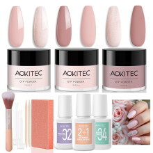 Aokitec 12 PCS Dip Powder Nail Kit - 3 Colours Light Nude Pink Nail Dipping Powder Kit Starter Kit with 2-in-1 Dip Base & Top Coat Activator Brush