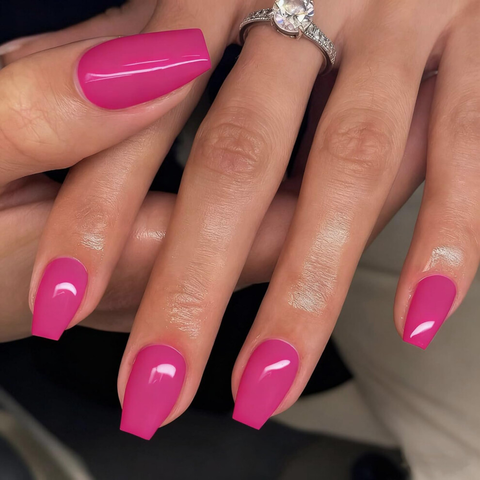 Sxvme Pink Hot False Nails Coffin, Medium Short Press On Nails Coffin, Glue On Nails Gel Fake Nails For Women