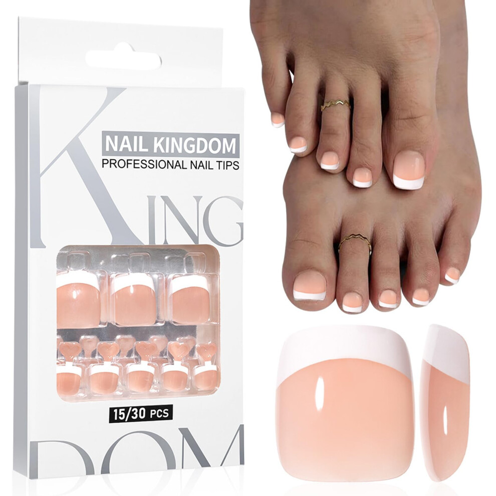 Nlfox 32Pcs Stick On Toenails - French Fake Toe Nails - Nude False Toenails With Glue - Strong Press On Toe Nails