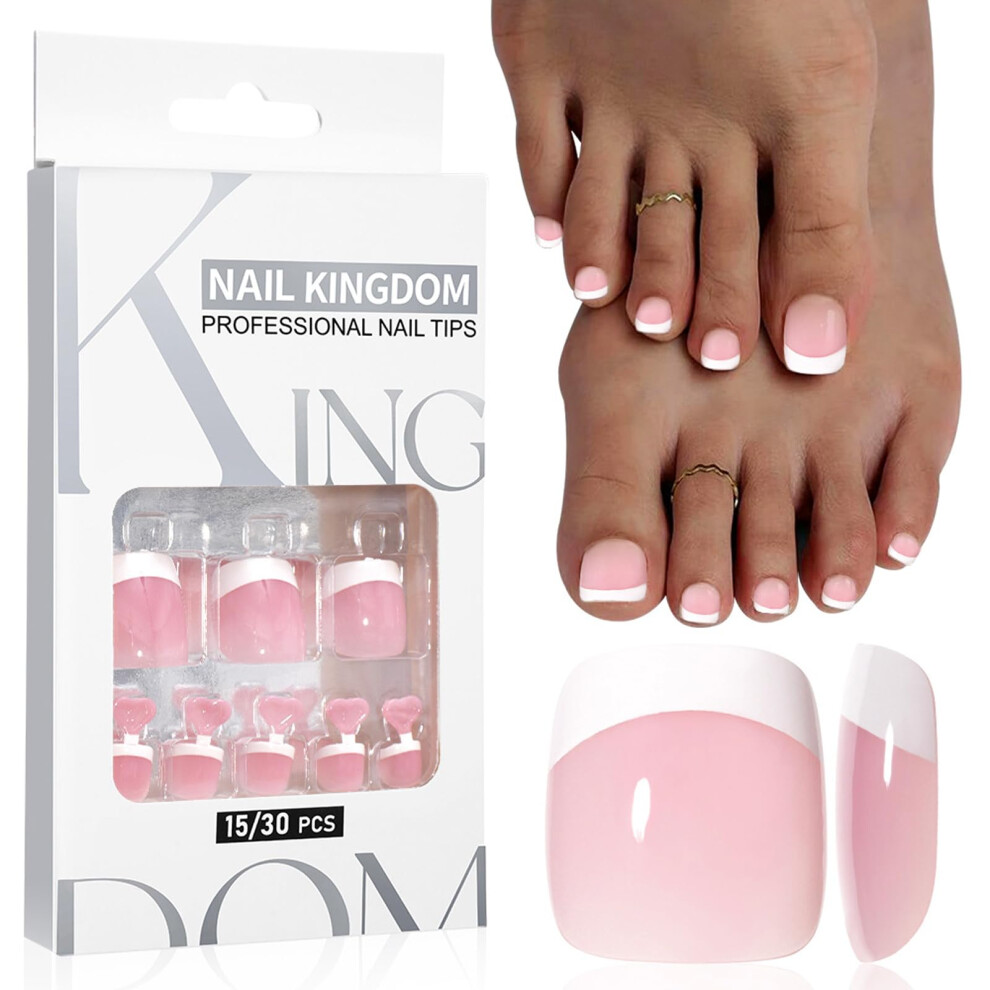 Nlfox Pink 32Pcs Fake Toe Nails - False Toenails With Glue - French Stick On Toenails For Women - Press On Toenails Long Lasting