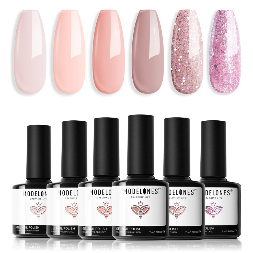 Modelones Pink Gel Nail Polish Set, 6 Colors Nude Gel Polish Summer Gel Nail Polish Set Soak Off Glitter Nail Gel Nail Art Diy Manicure Salon And