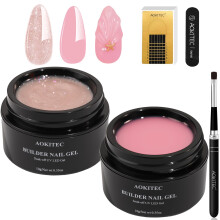 Aokitec 2PCS Builder Nail Gel Kit - Pink Glitter Builder Hard Gel with 100pcs Nail Forms & Brush for for Extension & Repair & French & Strengthen