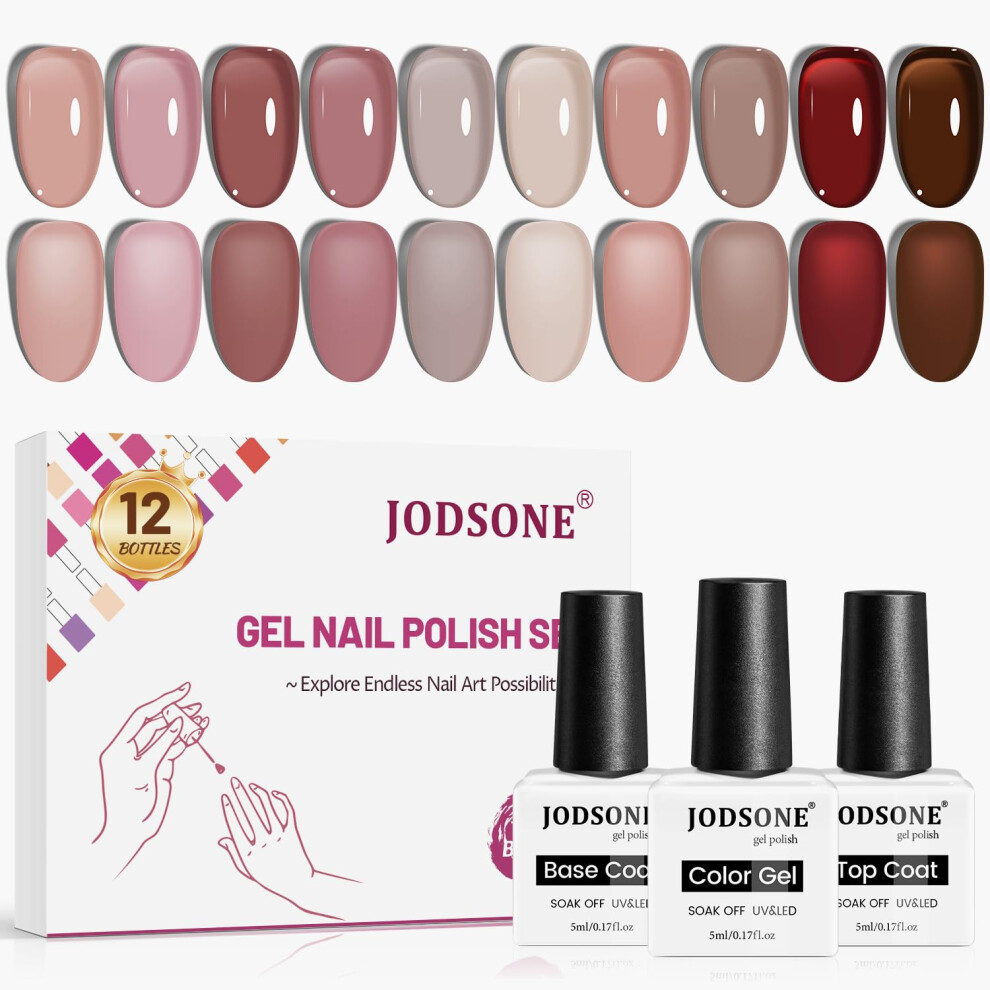 Jodsone 12Pcs Gel Nail Polish Set 10 Translucent Jelly Colors Natural, Elegant & Long Lasting For Home & Salon Use