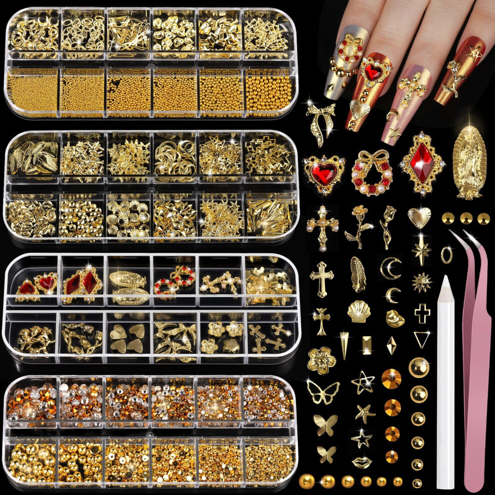 Nymora Gold Nail Charms, 4 Boxes Nail Gems For Nail Art Kit With Gold Nail Gems, Rhinestones, Pearls