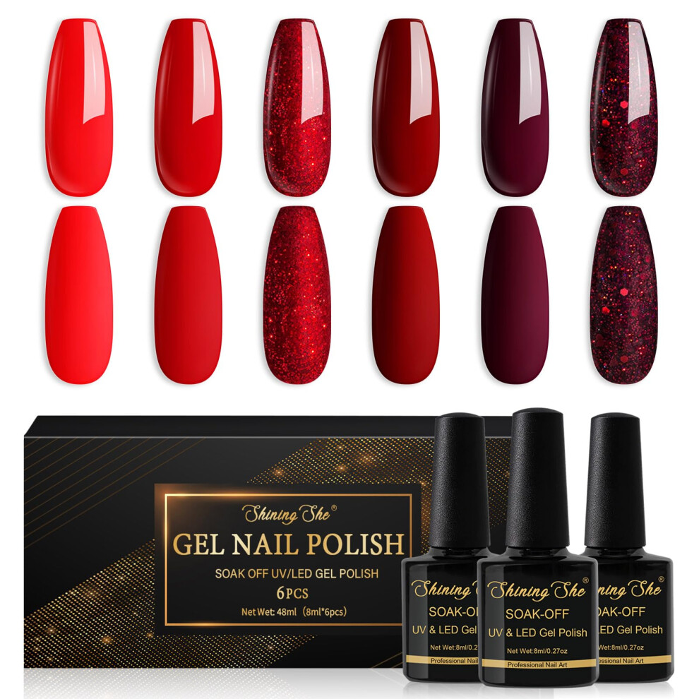 Shining She Burgundy/Dark/Red Nail Polishes Set, 6 Colours Glitter Gel Polish Set Soak-Off Uv/Led Nail Polish Gel For Nail Art Salon Diy Home, 8Ml
