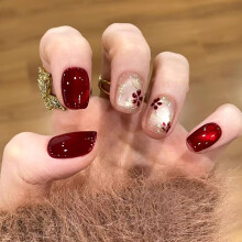 Ceboic 24Pcs Cat Eye Press on Nails Short Square, Red Glitter French False Nails, Elegant Acrylic Fake Nails with Flowers Pattern