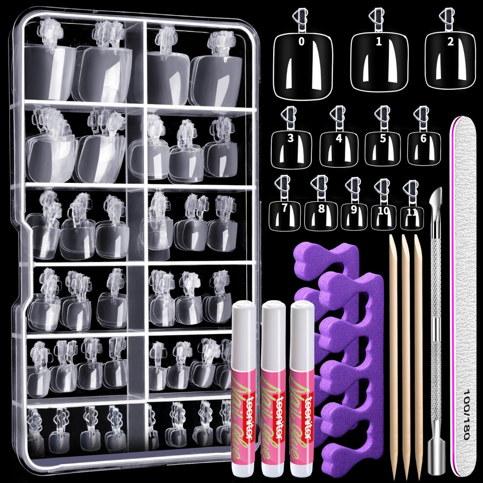 Teenitor 120Pcs Clear Press On Fake Toe Nails With Nail Glue, Cuticle Pusher & Nail File, Full Cover False Toenail Kit For Salon