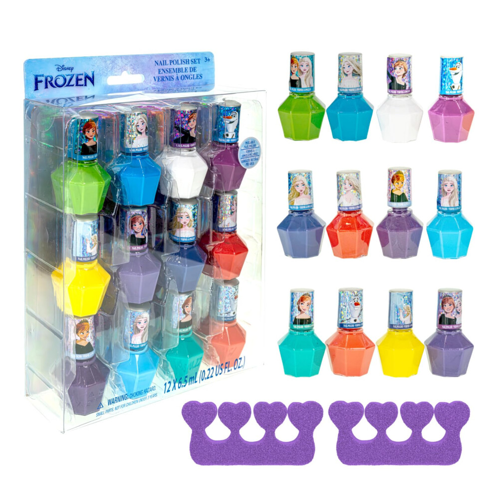 Townley Girl Disney Frozen 12 Pcs Nail Polish Set For Kids With Toe Spacers | Girls Peelable Nail Varnish | Kids Nail Art Kit By