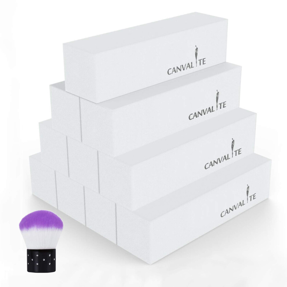 Canvalite White 10Pcs Nail Buffer Block With Nail Brush, 120 Grit Professional Salon Nail Buffer Block For Gel Nails