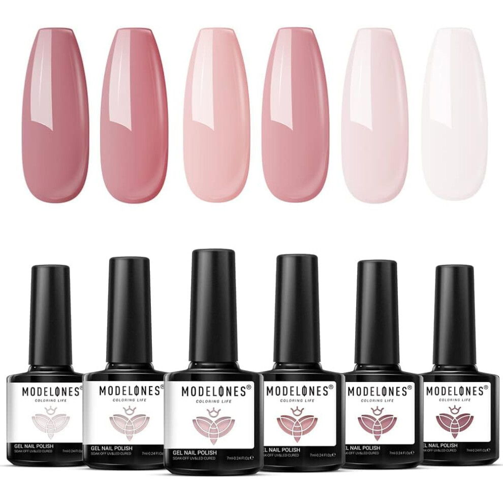 Modelones Pink,Cream Gel Nail Polish, 6 Colors All Season Gel Polish Set Nude Pink Gel Nail Polish Set Soak Off Pastel Milky Nail Gel Nail Art Diy Manicure