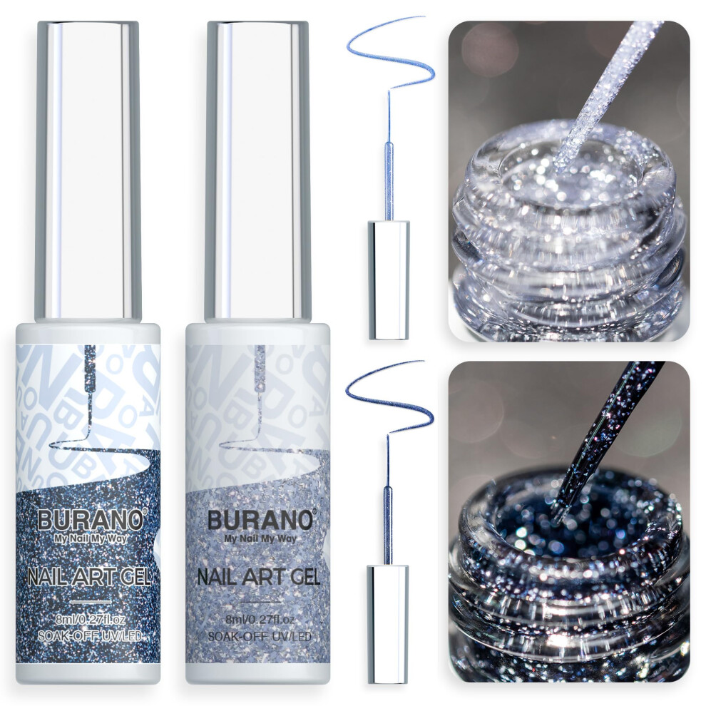 Burano Silver,Gold Gel Nail Art Polish, Silver Gold Painted Gel Nail Design Polish 2 Bottle 8Ml, Built-In Thin Nail Brush, Uv Led Curing Required Lx27 Lx22