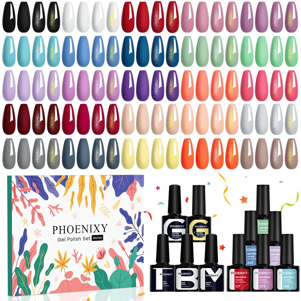 Phoenixy Gel Nail Polish Set - 30Pcs Gel Nail Polish 25 Colours 7Ml Nails Polishes With Base Coat Top Matte Glitter Golden Coat Nail Varnish Sets