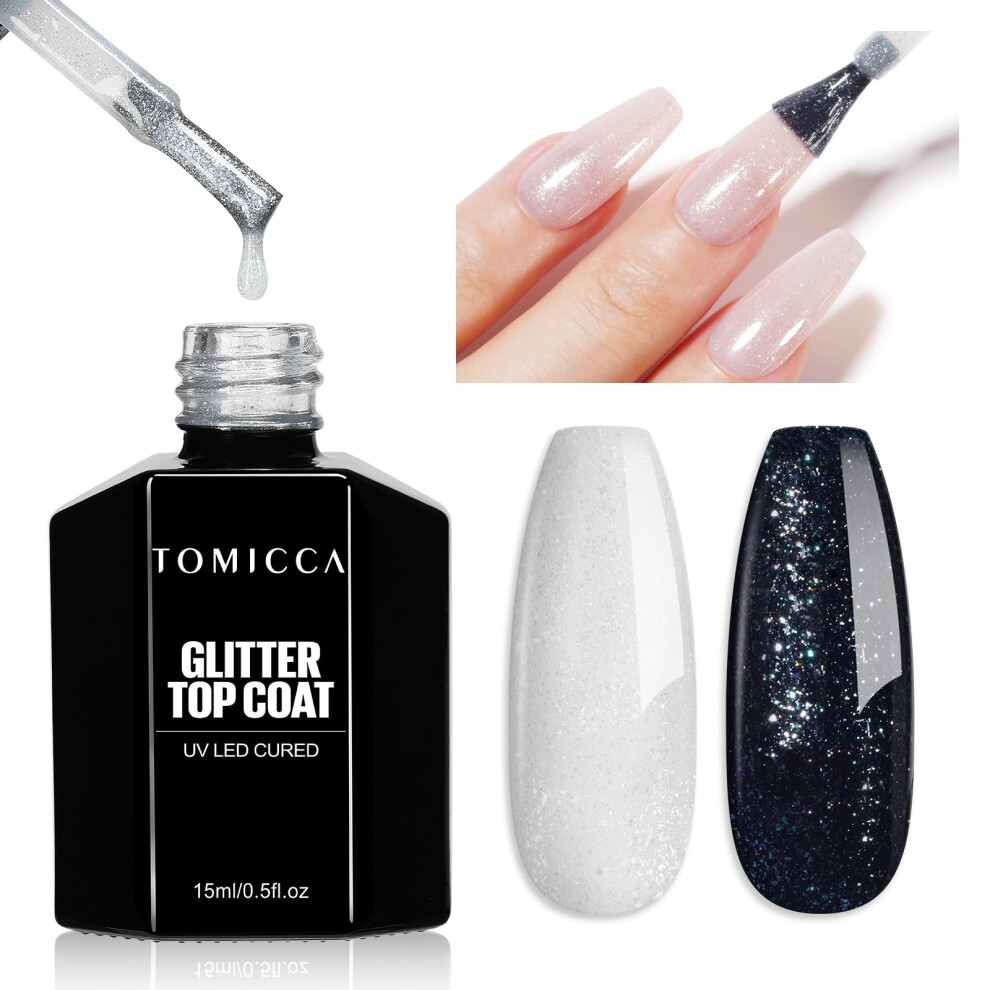 Tomicca Glitter Top Coat Gel Nail Polish, 15Ml Holographic Clear Glitter Gel Polish, No Wipe Top Coat