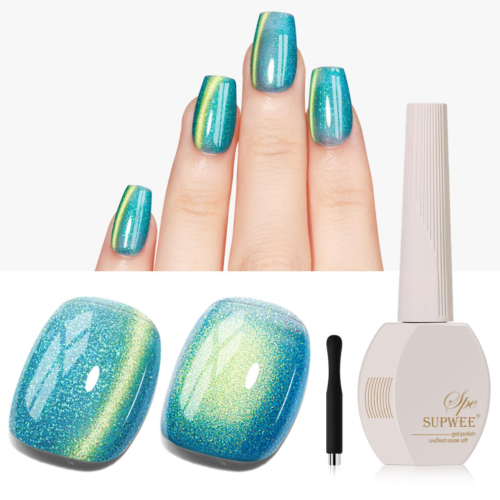 Supwee Green Shimmer Cat Eye Gel, Glitter Magnetic Gel Nail Polish With Magnet Holographic Cat Eye Effect Varnish For Nail Art Manicure Salon Diy At