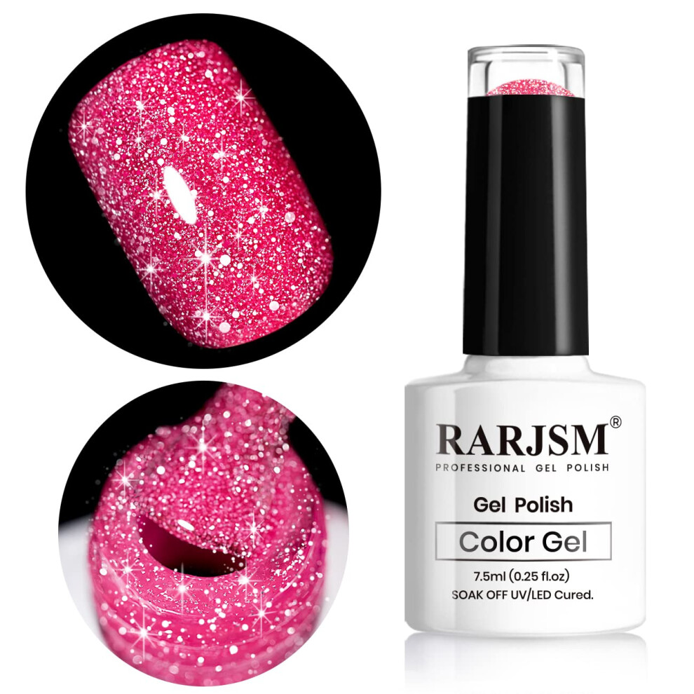 Rarjsm Pink Neon Sparkle Gel Nail Polish,Reflective Glitter Gel Polish,Disco Diamond Gelpolish Shimmer Pigment Soak Off Curing Requires 7.5Ml
