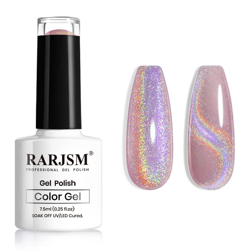 Rarjsm Pink Holographic Gel Polish Glitter Cat Eye Nail Polish Gel Laser Glossy Iridescent Mermaid Galaxy Effect Unicorn Gelvarnish 7.5Ml Soak Off Uv
