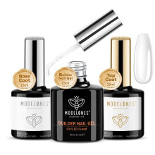Modelones Builder Gel with Top Coat and Base Coat Set, 3Pcs No Wipe Base and Top Coat Gel Nail Polish with Gel Builder for Nails