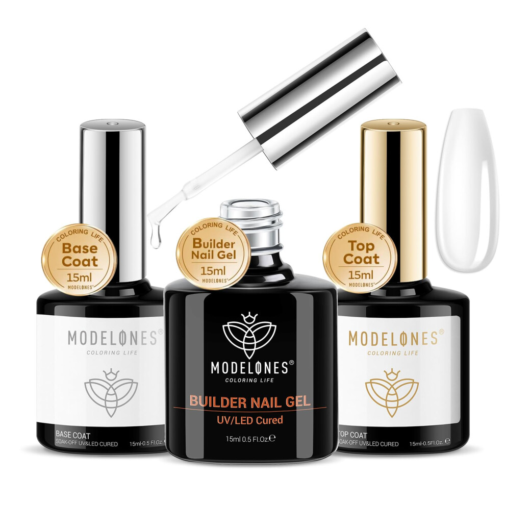 Modelones Builder Gel With Top Coat And Base Coat Set, 3Pcs No Wipe Base And Top Coat Gel Nail Polish With Gel Builder For Nails