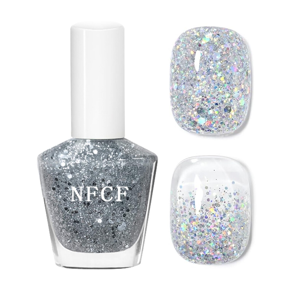 Shengqialun Silver Glitter Nail Polish, Nail Varnish Quick Dry, Diamond Flash Sparkle With Silver & Pearl Glitter