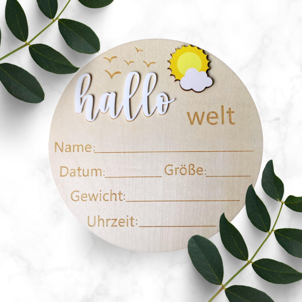 Hello World 3D Baby Announcement Wooden Disc – Sun & Cloud Newborn Keepsake Plaque – Gender Neutral Birth Stats Sign – For New Parents Love Art Lux