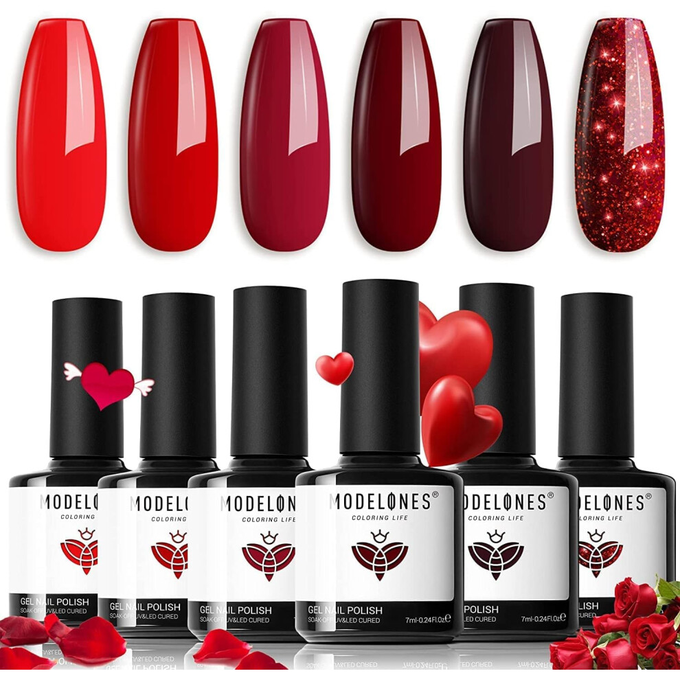Modelones Dark/Red Gel Nail Polish Set, 6 Colors Glitter Gel Polish Soak Off Uv Nail Art Diy Manicure Salon And Home For Women