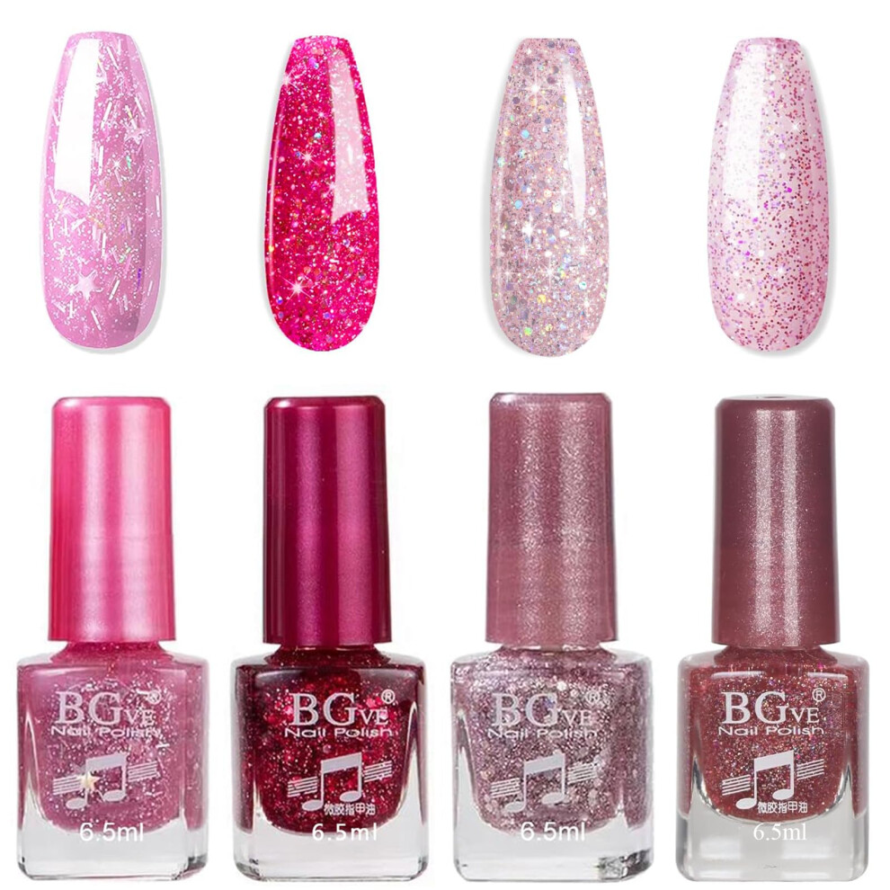 Eonfave Pink Nail Polish Set - Glitter Nail Varnish Set - Quick Dry Flash Shinny Series Nail Polish - Healthy Breathable Nail Varnish Gift Set