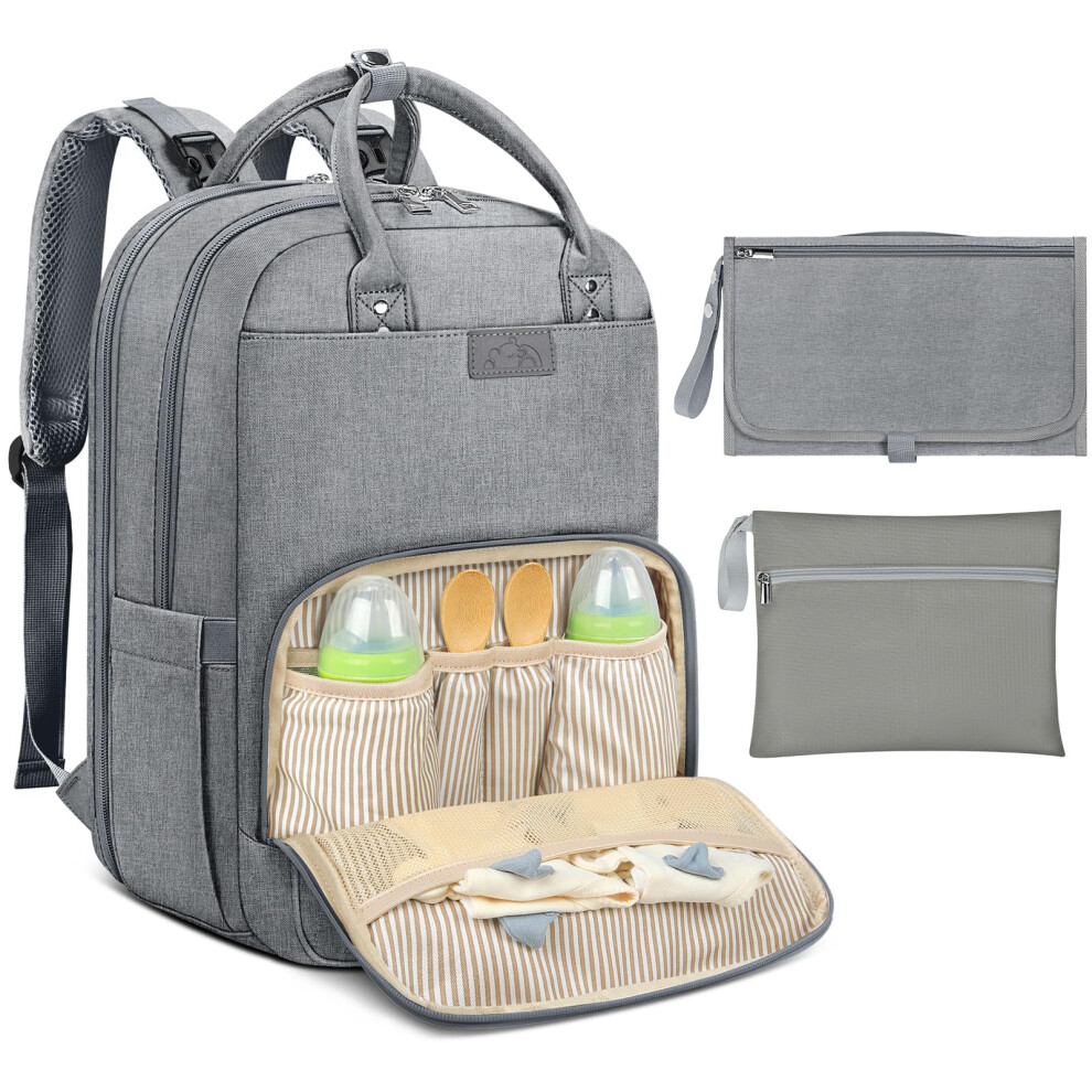 Newhey Baby Changing Bag Backpack With Portable Changing Mat Waterproof Nappy Bag Multifunction Baby Diaper Bags Large Rucksack Bag For Mom & Dad Gray